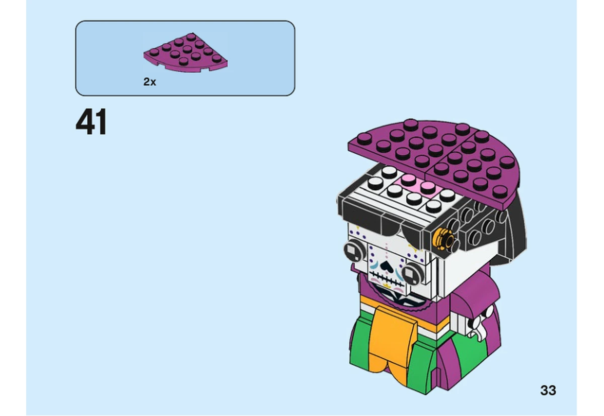 Notice officielle LEGO 40492, livret 6376432, page 33, étape 41 : Deux plaques quart de cercle magenta complètent le pourtour du chapeau au-dessus du visage imprimé.