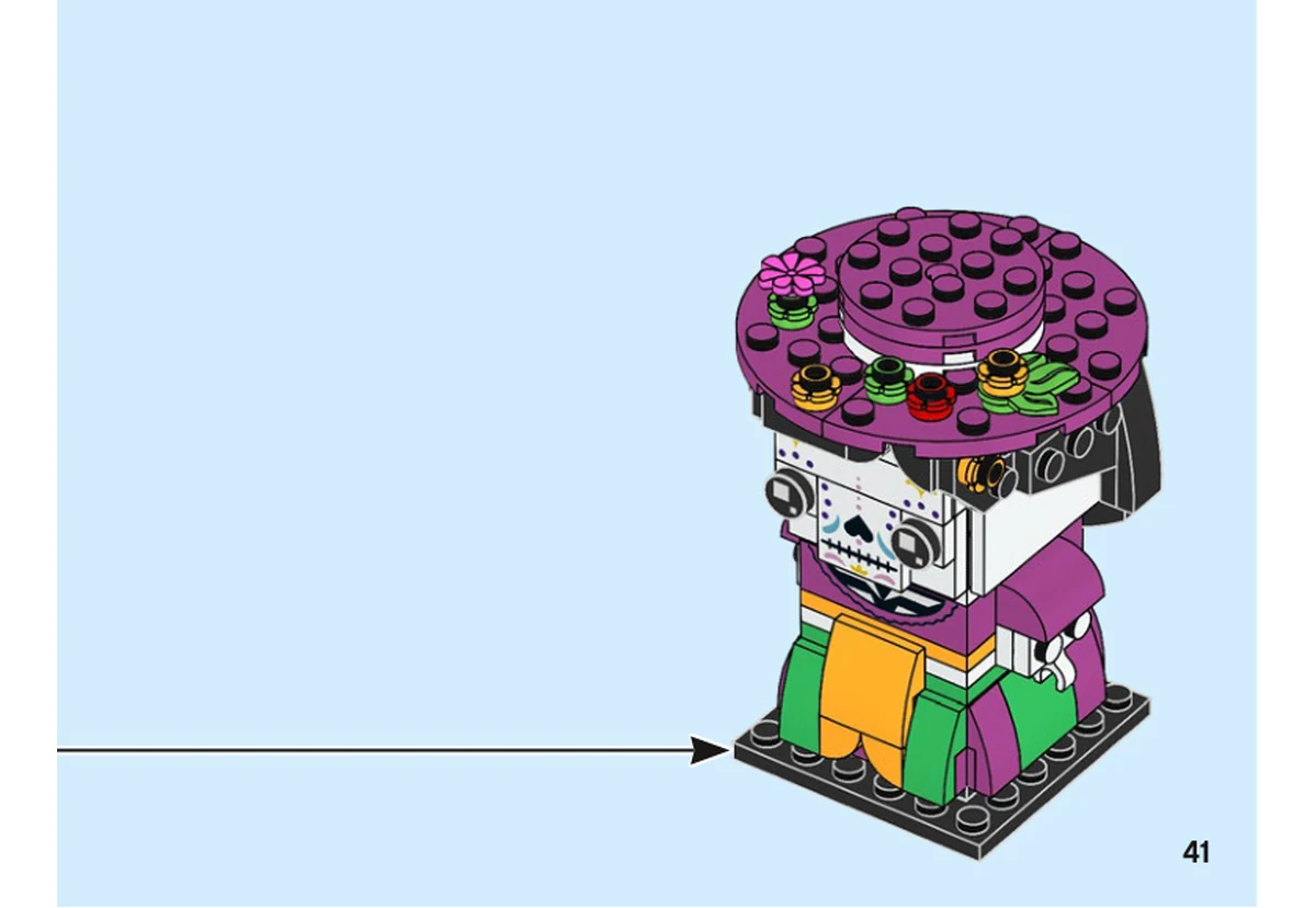 Notice officielle LEGO 40492, livret 6376432, page 41, étape pose finale après 47 : La figurine terminée, avec son chapeau fleuri, rejoint le petit socle noir par le dessous.
