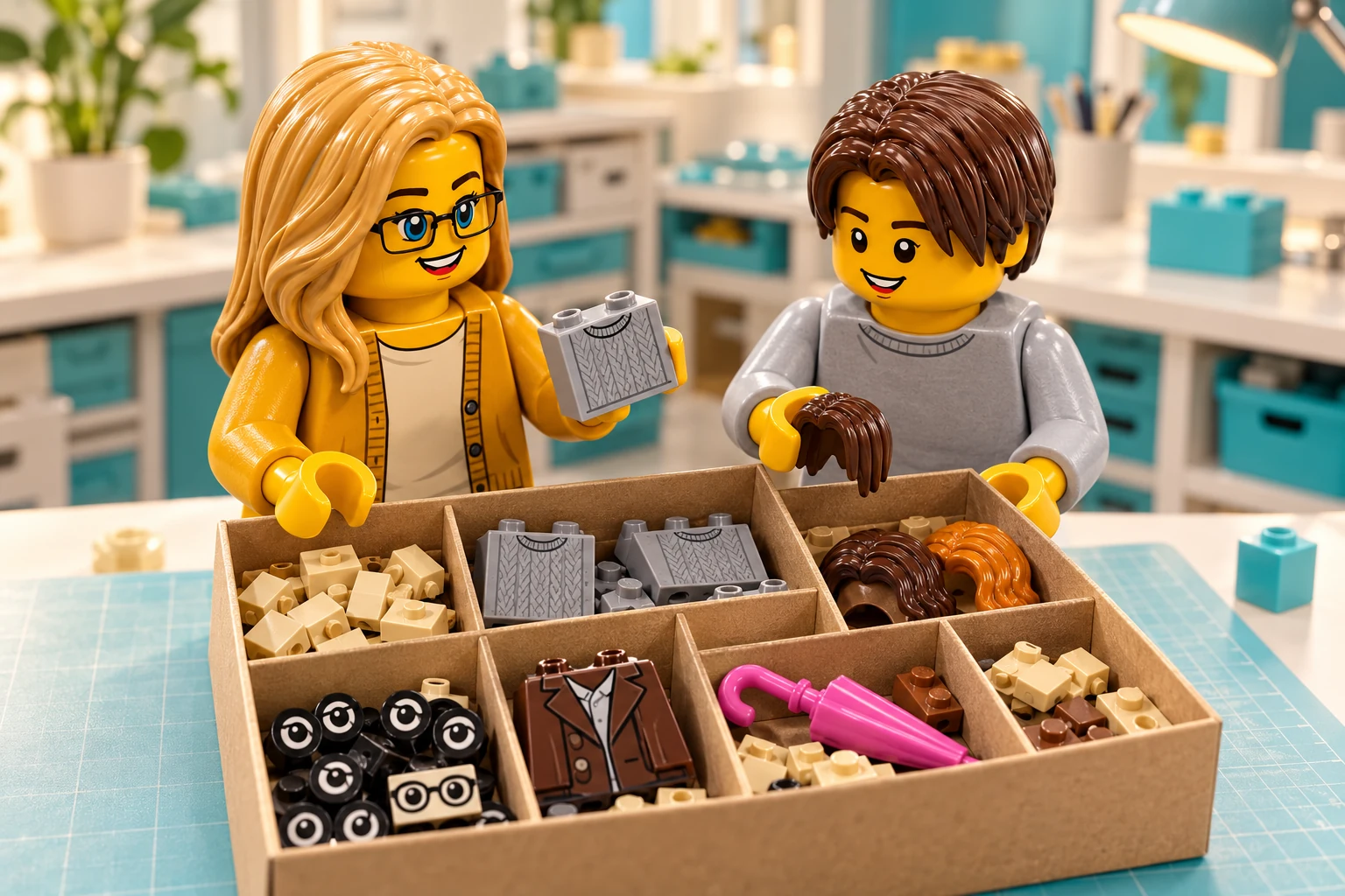 Illustration en briques : une adulte blonde à lunettes noires tient une brique grise imprimée de pull ; un adolescent châtain foncé tient un panneau de cheveux brun au-dessus d’une boîte compartimentée. Les briques beiges, pulls gris, yeux et lunettes imprimés, cheveux, décor de manteau et parapluie rose y sont séparés.