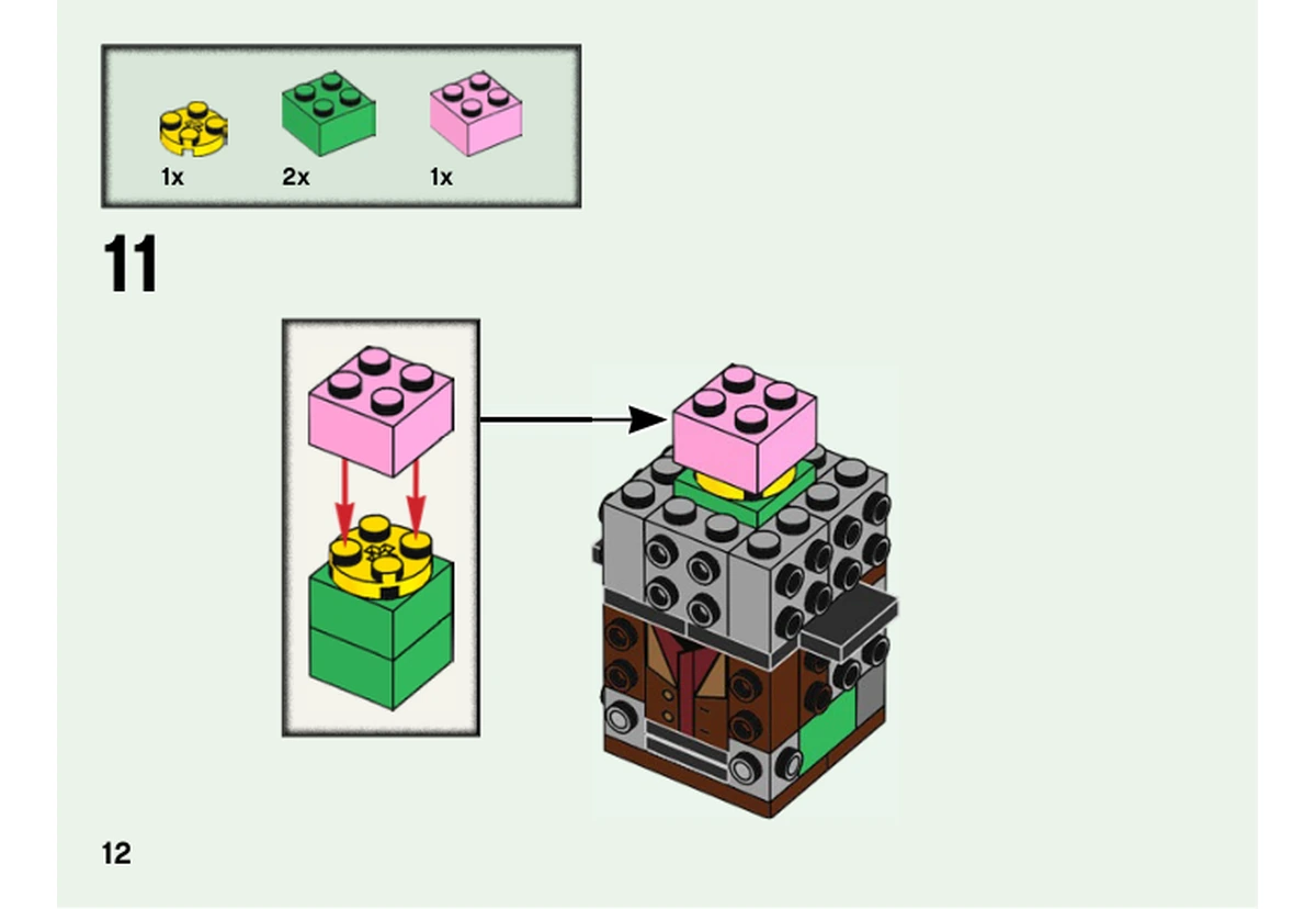 Notice officielle LEGO 40495, livret 6373323, page 12, étape 11 : Deux briques vertes 2 × 2 sont empilées, puis coiffées d’une plaque ronde jaune et d’une brique rose 2 × 2. Ce noyau rejoint la tête encore ouverte de Hagrid.