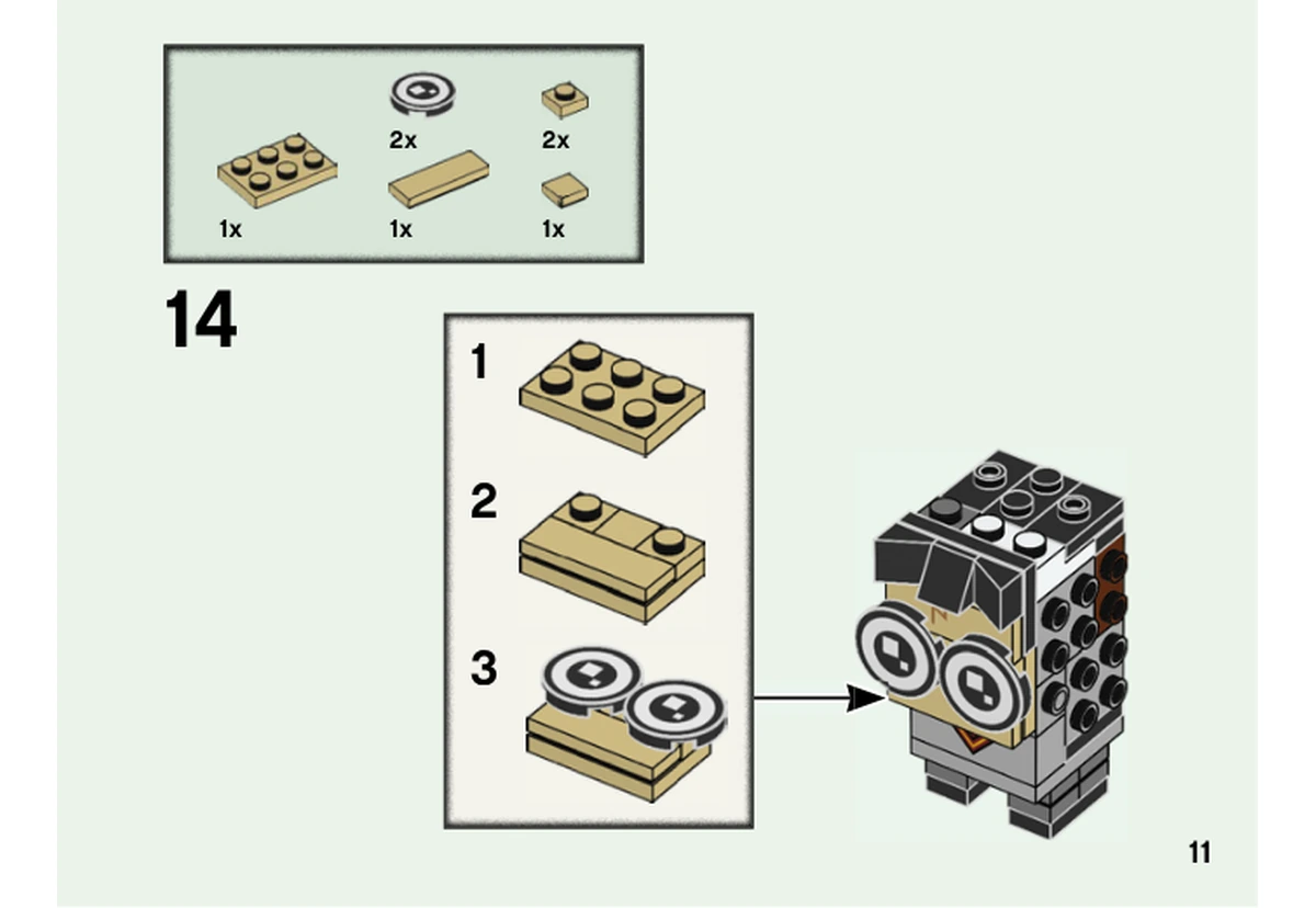 Notice officielle LEGO 40495, livret 6373324, page 11, étape 14 : Un sous-assemblage beige reçoit la cicatrice et les deux grands yeux imprimés avant d’être fixé à l’avant de la tête.