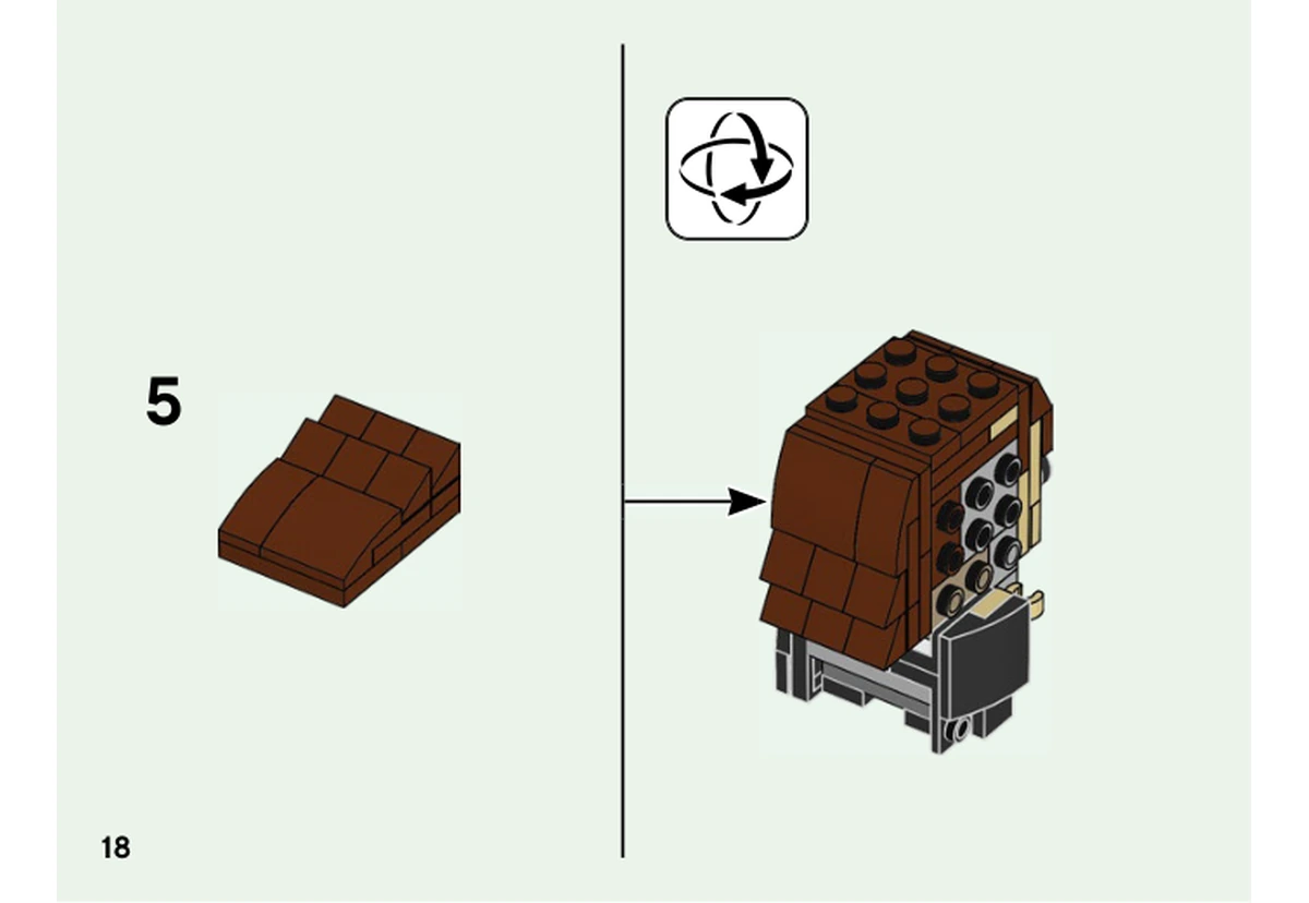Notice officielle LEGO 40495, livret 6373327, page 18, étape 24, sous-assemblage 5 : Le panneau brun de chevelure déjà préparé est fixé à un côté de la tête après retournement du personnage.