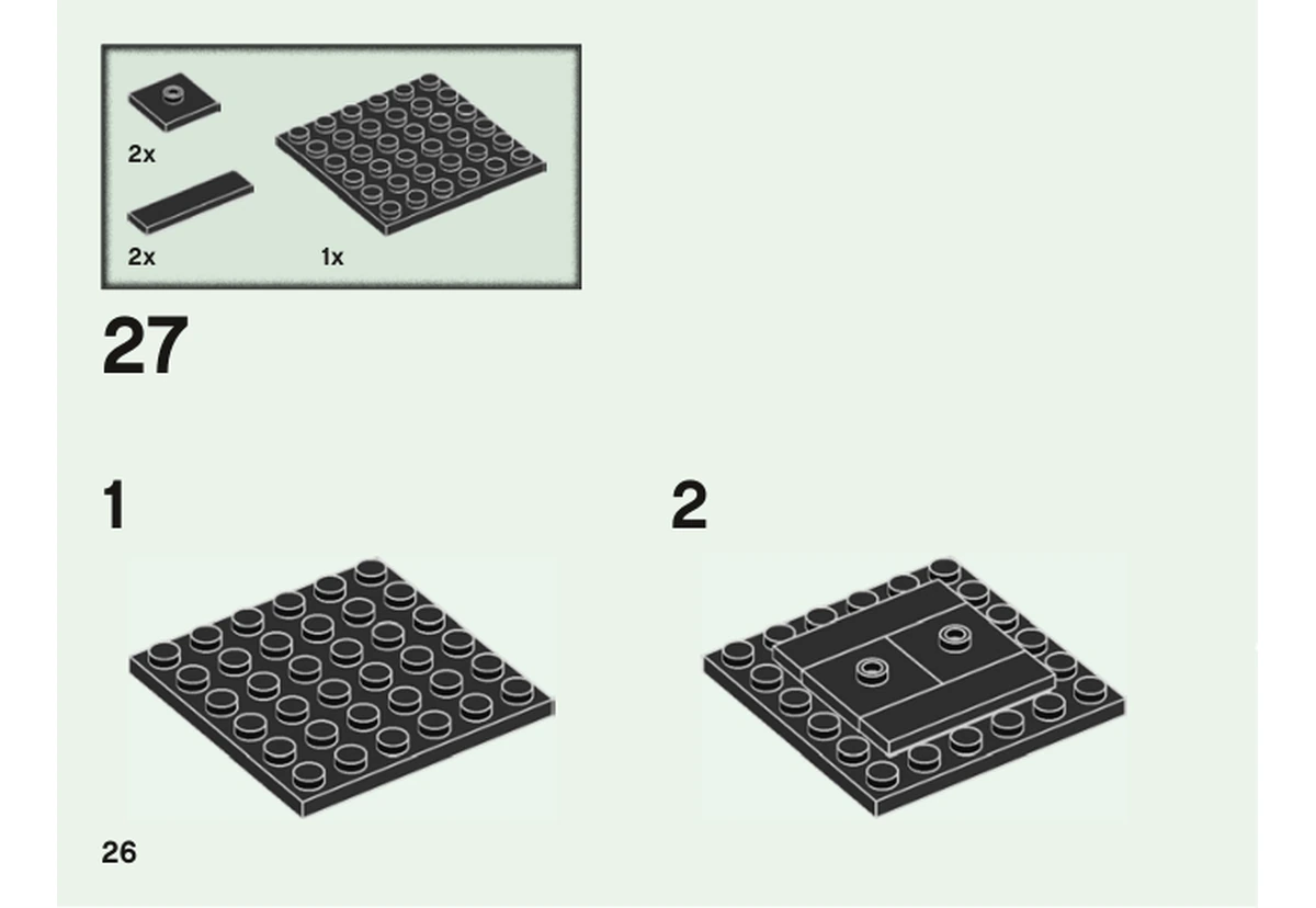Notice officielle LEGO 40495, livret 6373338, page 26, étape 27 : La page prépare un socle noir à partir de plaques et de tuiles ; Ron est placé sur ce socle à la page suivante.