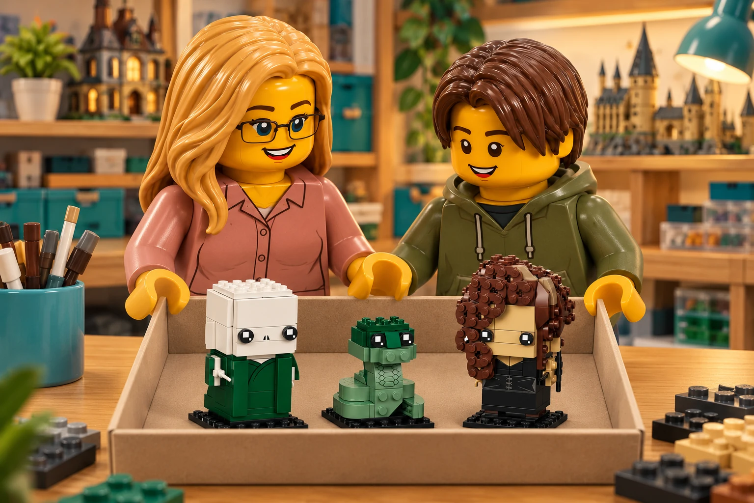 Illustration en briques : une adulte blonde à lunettes noires et un adolescent châtain foncé regardent trois petits modèles assemblés posés dans une boîte ouverte : un personnage blanc et vert, un serpent vert et une sorcière à large chevelure brune.