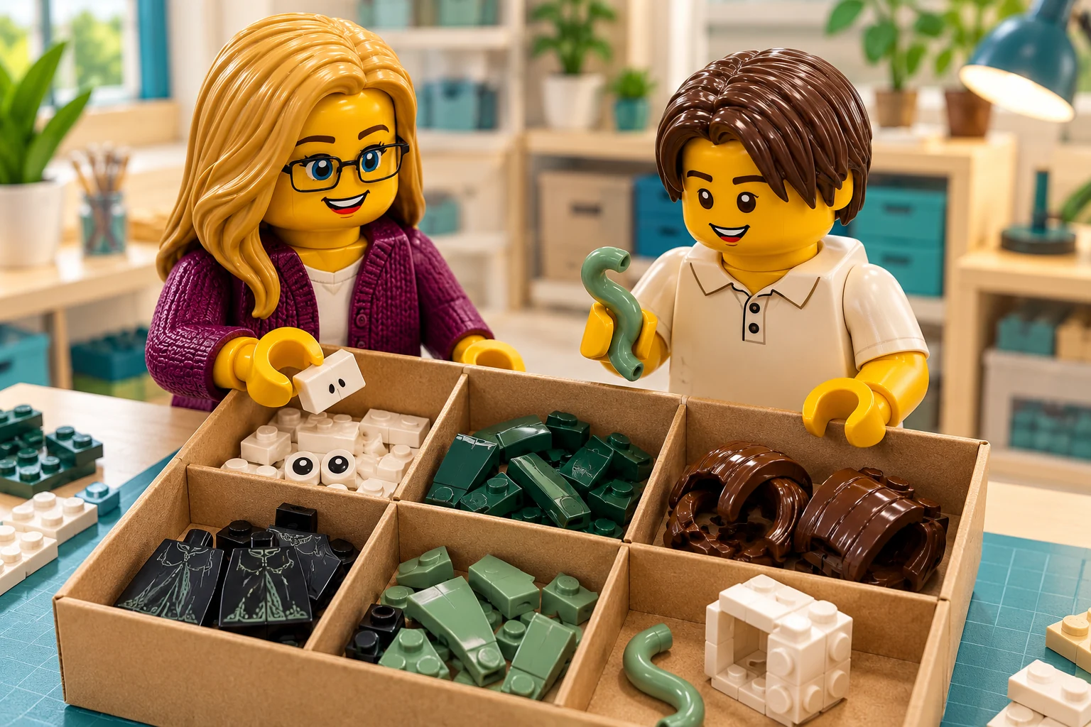 Illustration en briques : une adulte blonde à lunettes noires tient une plaque blanche imprimée de narines ; un adolescent châtain foncé tient un segment courbe de serpent vert au-dessus d’une boîte compartimentée. Les yeux, pièces blanches, robe verte, cheveux bruns, décors noirs et segments verts sont séparés, avec une paroi de tête creuse inachevée.