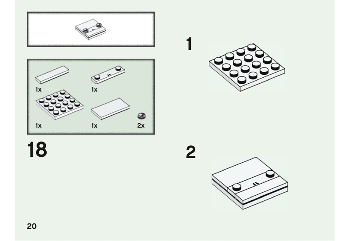 Notice officielle LEGO 40496, livret 6373341, page 20, étape 18 : La page prépare le début de la face blanche sur une plaque 4 × 4, avec la plaque imprimée des narines et les petites plaques et tuiles blanches. Les yeux ne sont ajoutés qu’à la page 21 suivante.
