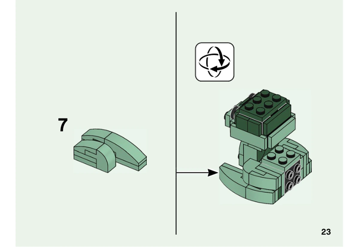 Notice officielle LEGO 40496, livret 6373343, page 23, étape 22, sous-assemblage 7 : La tête vert sable préparée rejoint le petit corps de serpent, au-dessus de la pièce incurvée portant les écailles.