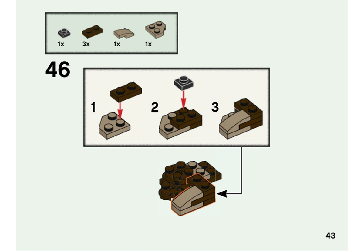 Notice officielle LEGO 40496, livret 6373345, page 43, étape 46 : Un sous-assemblage brun foncé combine petites courbes et plaques avant de rejoindre l’ample chevelure.