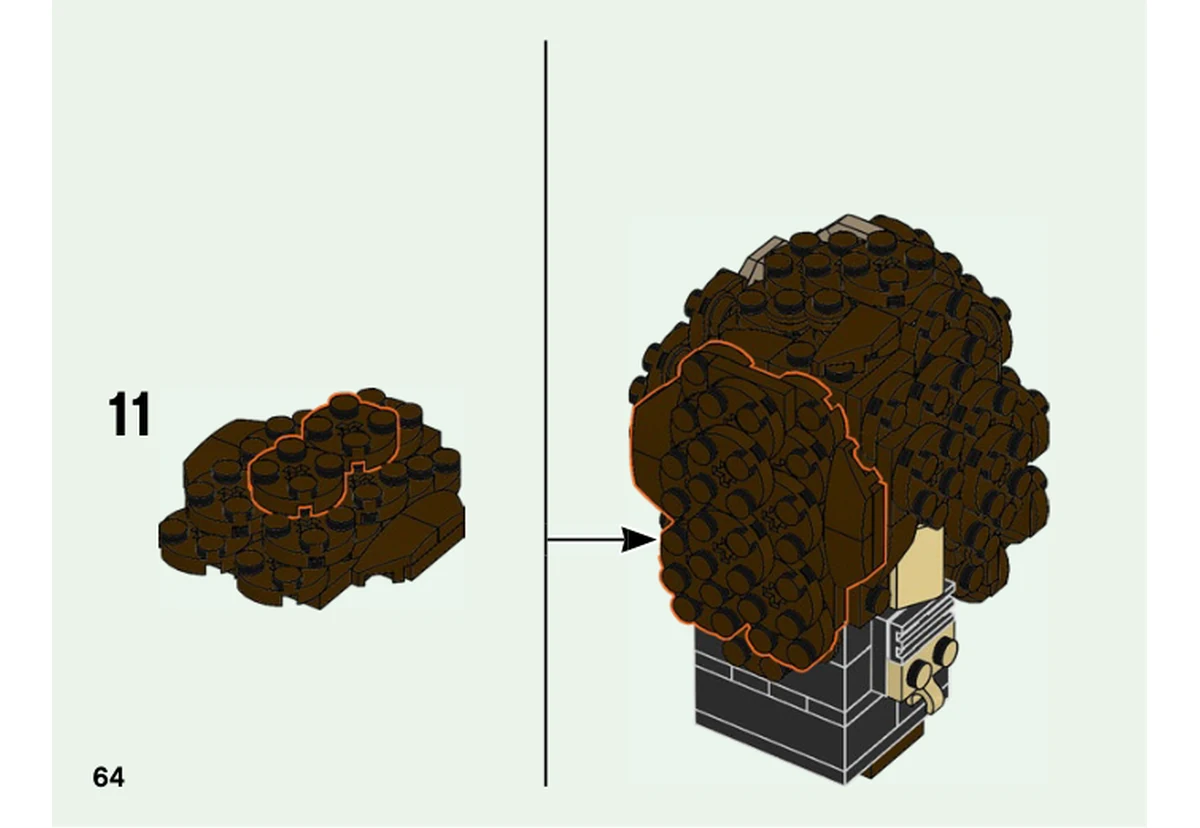 Notice officielle LEGO 40496, livret 6373345, page 64, étape 58, sous-assemblage 11 : Le dernier large panneau brun foncé préparé est fixé à la tête pour compléter son volume bouclé.