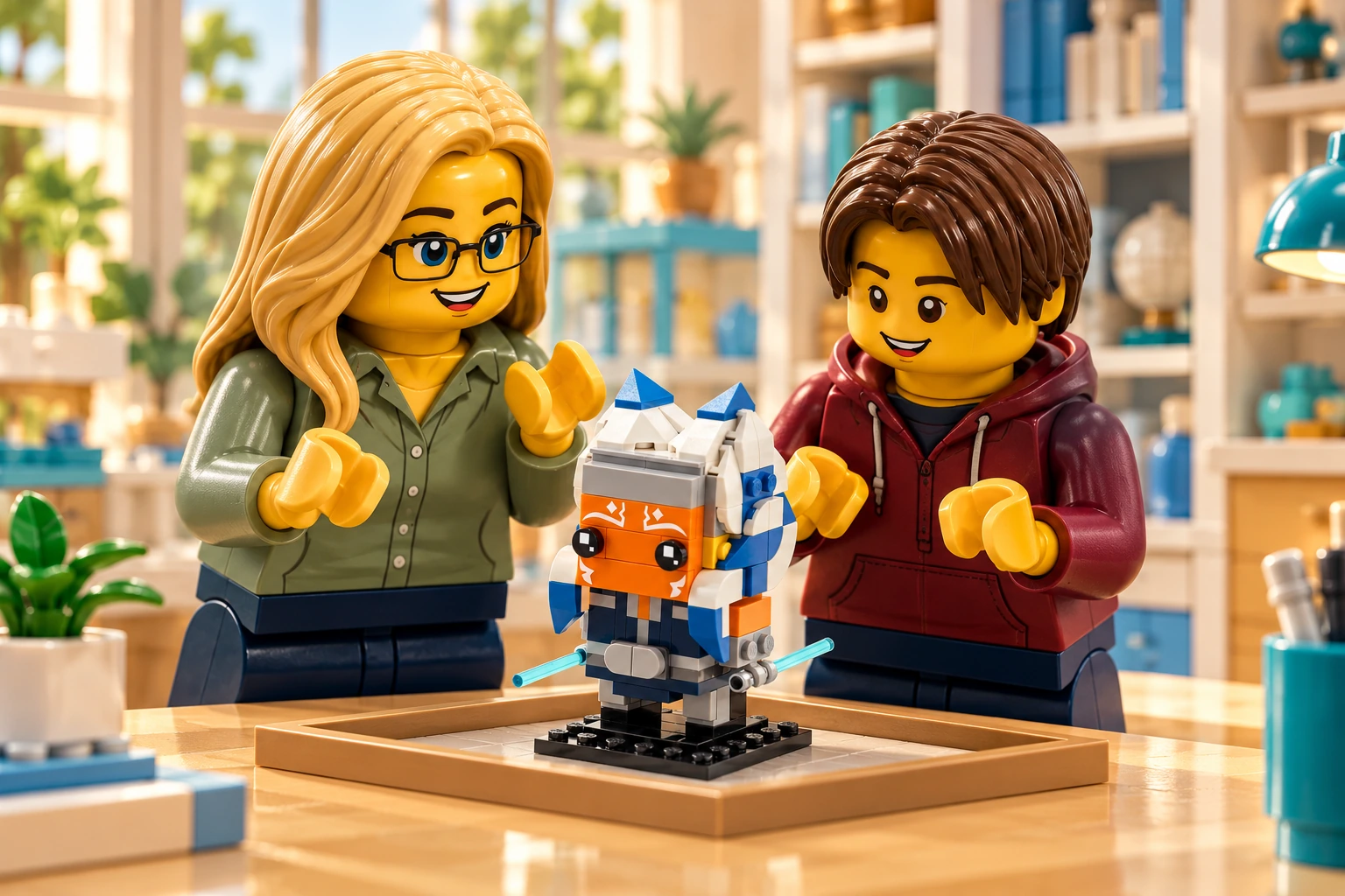 Illustration en briques : une adulte blonde à lunettes noires et un adolescent châtain foncé présentent un petit modèle assemblé au visage orange imprimé de blanc, à coiffe rayée bleue et blanche et à deux lames bleu clair transparent, posé sur un socle noir dans un plateau.
