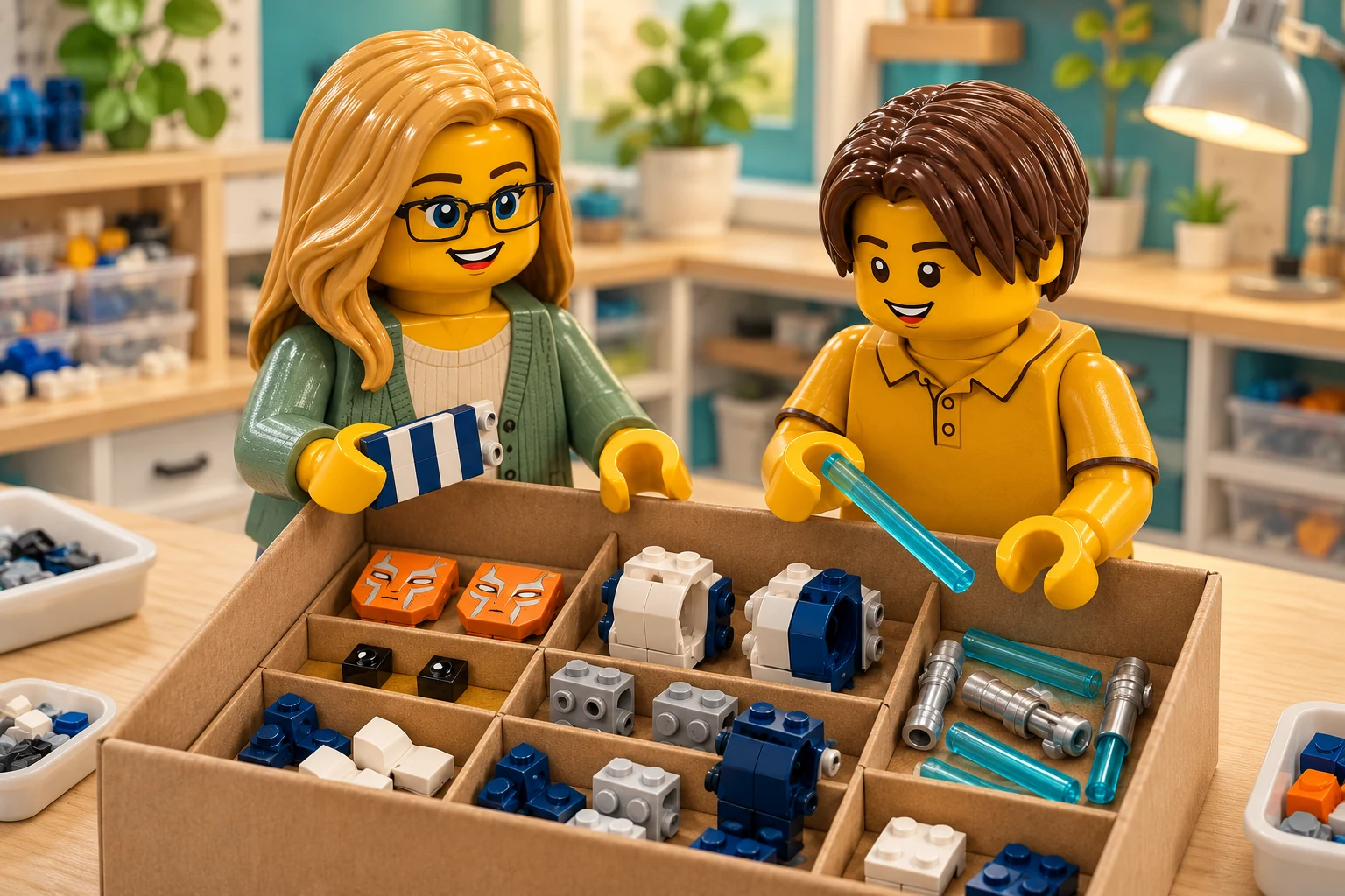 Illustration en briques : une adulte blonde à lunettes noires tient un panneau rayé bleu et blanc ; un adolescent châtain foncé tient une lame bleu clair transparent au-dessus d’une boîte compartimentée. Tuiles orange imprimées, yeux noirs, panneaux blancs et bleus, noyaux gris, fragments bleu foncé et manches argentés y sont séparés.
