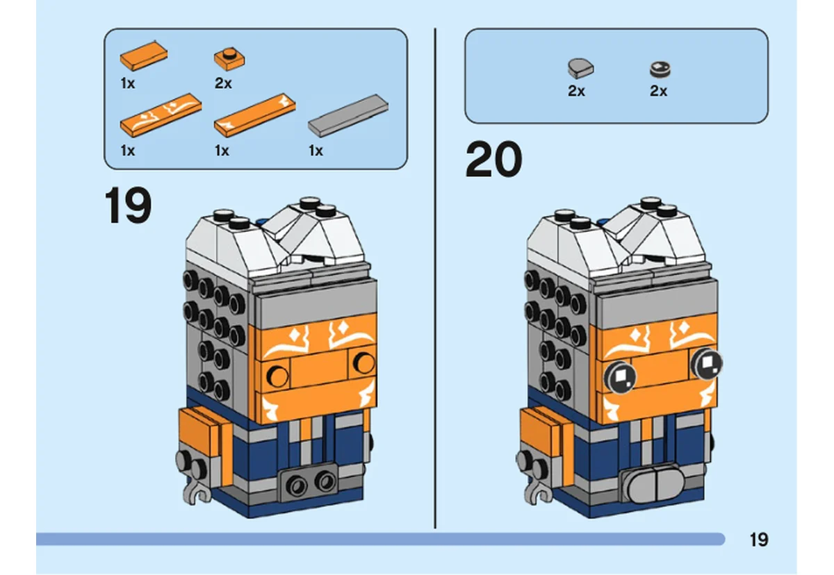 Notice officielle LEGO 40539, livret 6400828, page 19, étape 19 et 20 : Les deux tuiles orange imprimées habillent le visage ; les yeux noirs et les petites pièces grises de la ceinture sont ajoutés ensuite sur la même page.