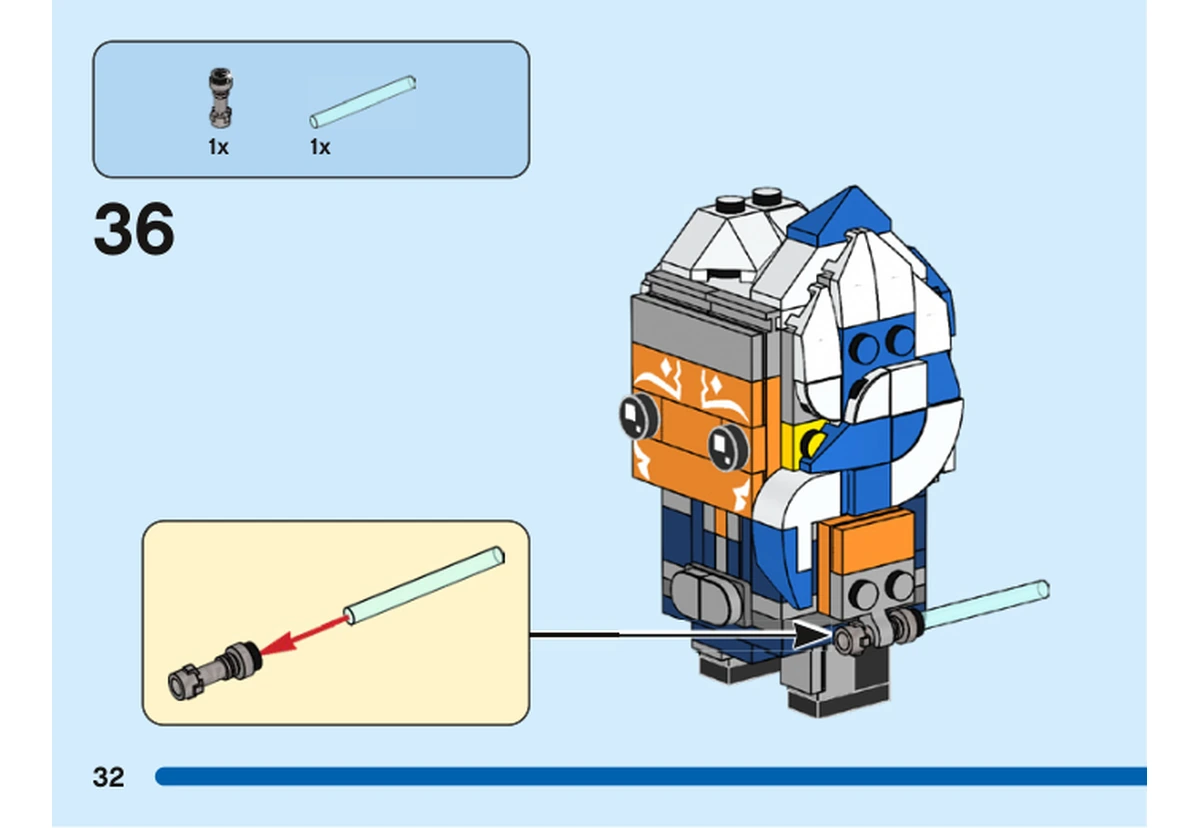 Notice officielle LEGO 40539, livret 6400828, page 32, étape 36 : Une lame bleu clair transparent est insérée dans un manche argenté avant fixation sur une main d’Ahsoka ; le second sabre apparaît plus loin dans le livret.