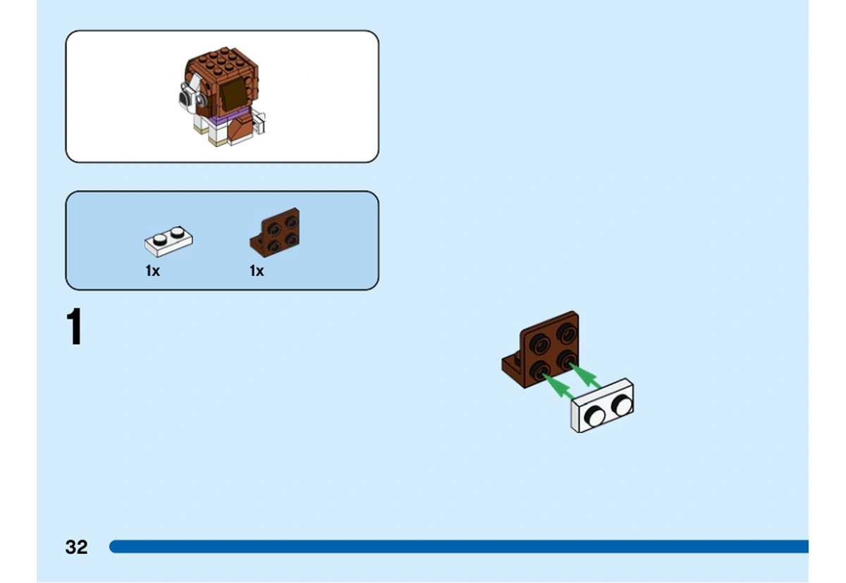 Notice officielle LEGO 40543, livret 6399600, page 32, étape 1 : Une petite plaque blanche et une brique brune à tenons latéraux constituent le premier sous-ensemble du chiot.