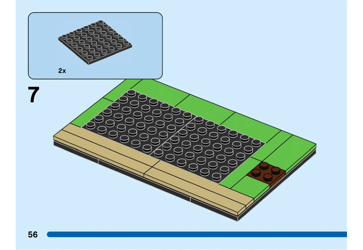 Notice officielle LEGO 40543, livret 6399600, page 56, étape 7 : Deux plaques noires 6 × 6 sont posées au centre du socle aux bordures beige et vert vif.