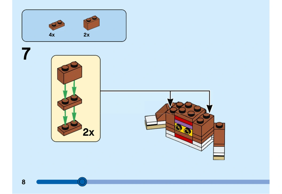 Notice officielle LEGO 40543, livret 6399600, page 8, étape 7 : Deux petits empilements orange foncé sont préparés puis fixés aux côtés du corps.