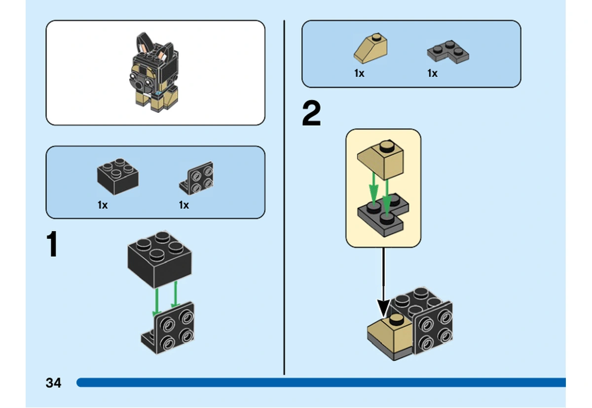 Notice officielle LEGO 40544, livret 6399607, page 34, étape 1 et 2 : Une brique noire et une brique à tenons latéraux gris clair forment le noyau du chiot, complété par un petit assemblage beige.