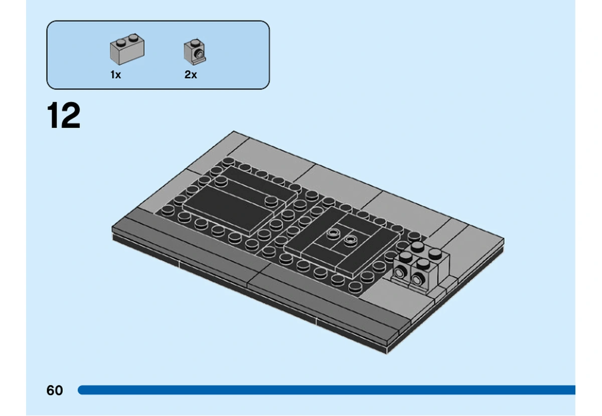 Notice officielle LEGO 40544, livret 6399607, page 60, étape 12 : Une brique grise et deux briques à tenons latéraux sont ajoutées à l’extrémité du socle commun, où la borne à incendie sera construite.