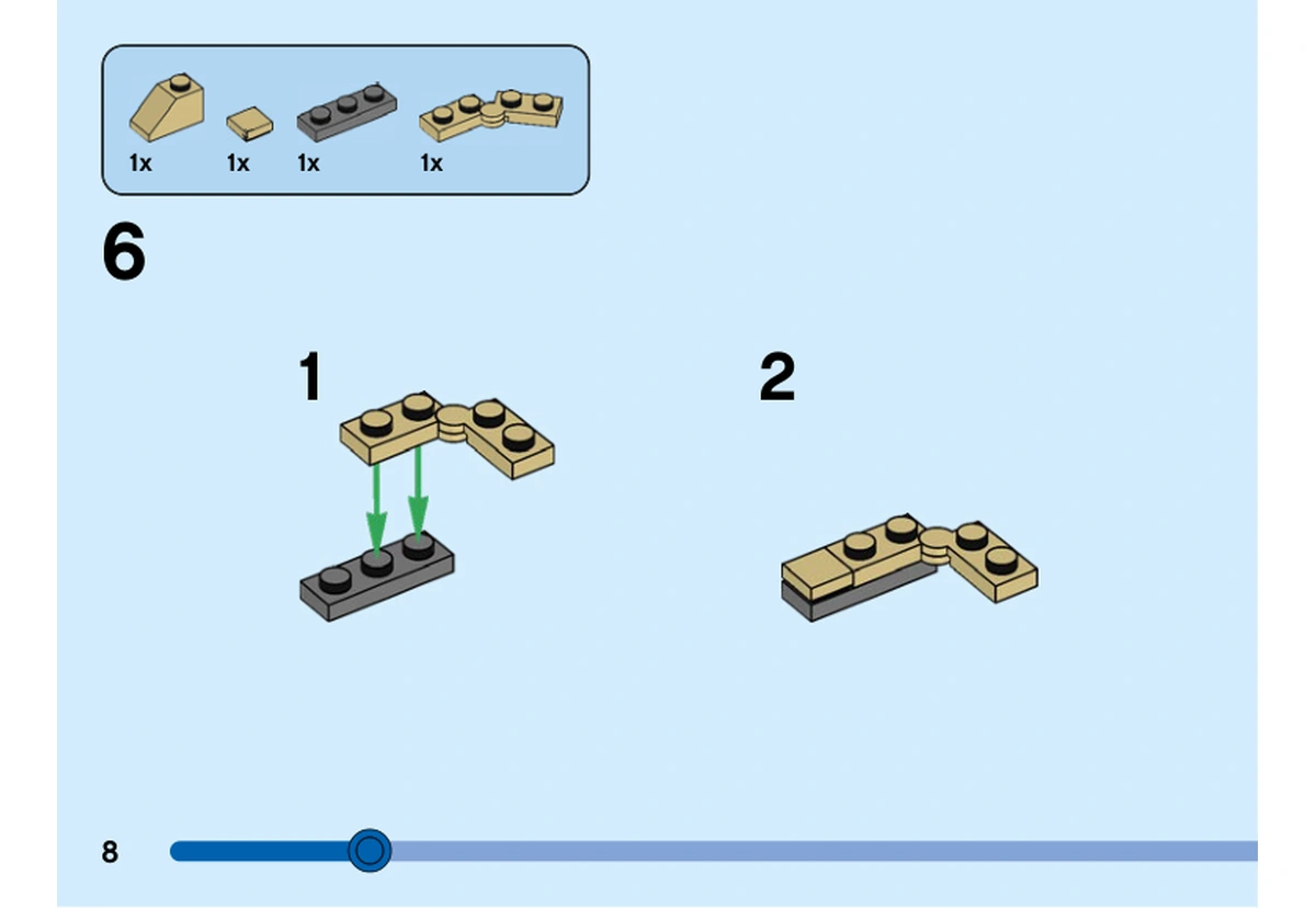 Notice officielle LEGO 40544, livret 6399607, page 8, étape 6 : Un sous-ensemble beige est préparé sur une plaque grise pour le dessous du corps.