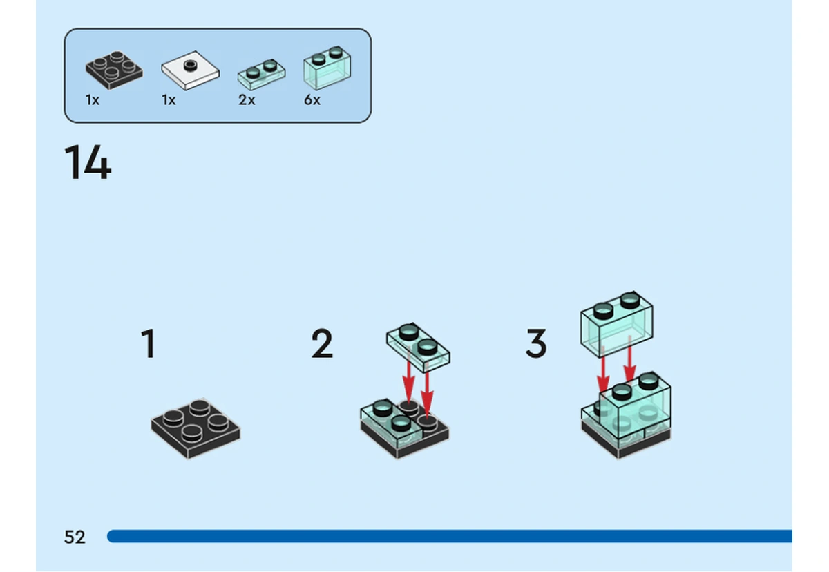 Notice officielle LEGO 40545, livret 6428250, page 52, étape 14 : Des plaques et des briques bleu clair transparent forment un support vertical à partir d’une petite base noire.