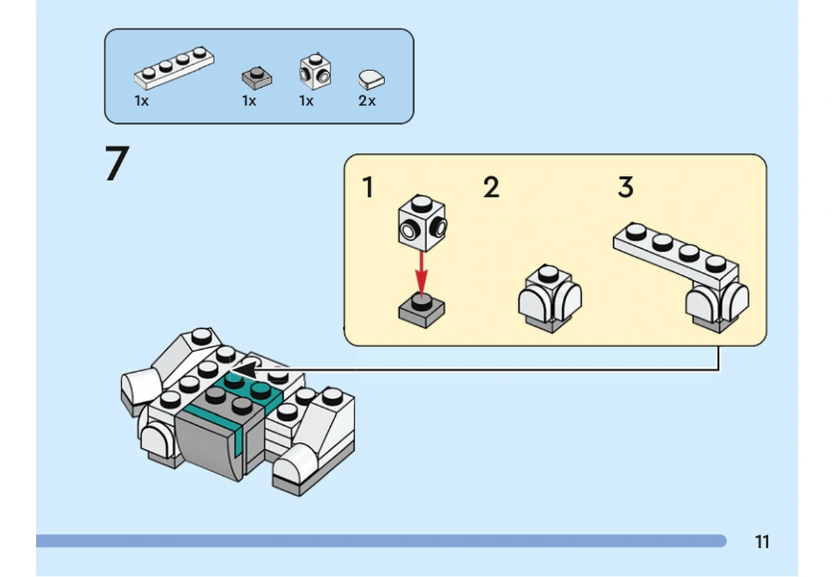 Notice officielle LEGO 40546, livret 6428252, page 11, étape 7 : Des petits sous-ensembles blancs et gris à tenons latéraux sont préparés puis fixés sur le volume de base.