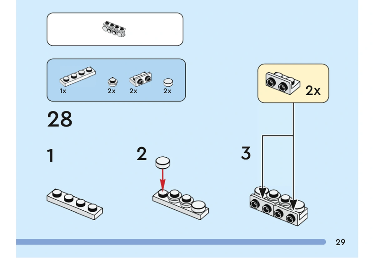 Notice officielle LEGO 40546, livret 6428252, page 29, étape 28 : Une plaque blanche 1 × 4 reçoit deux plaques rondes 1 × 1 et deux tuiles rondes 1 × 1. Deux briques à tenons latéraux 1 × 2 sont ensuite fixées sous cet assemblage.