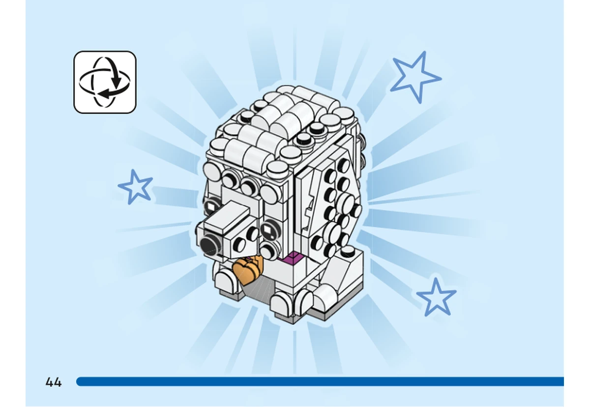 Notice officielle LEGO 40546, livret 6428252, page 44, étape fin du grand caniche : La vue complète, avec flèche de rotation, présente le caniche adulte blanc, son collier rose et sa médaille dorée en forme de cœur.