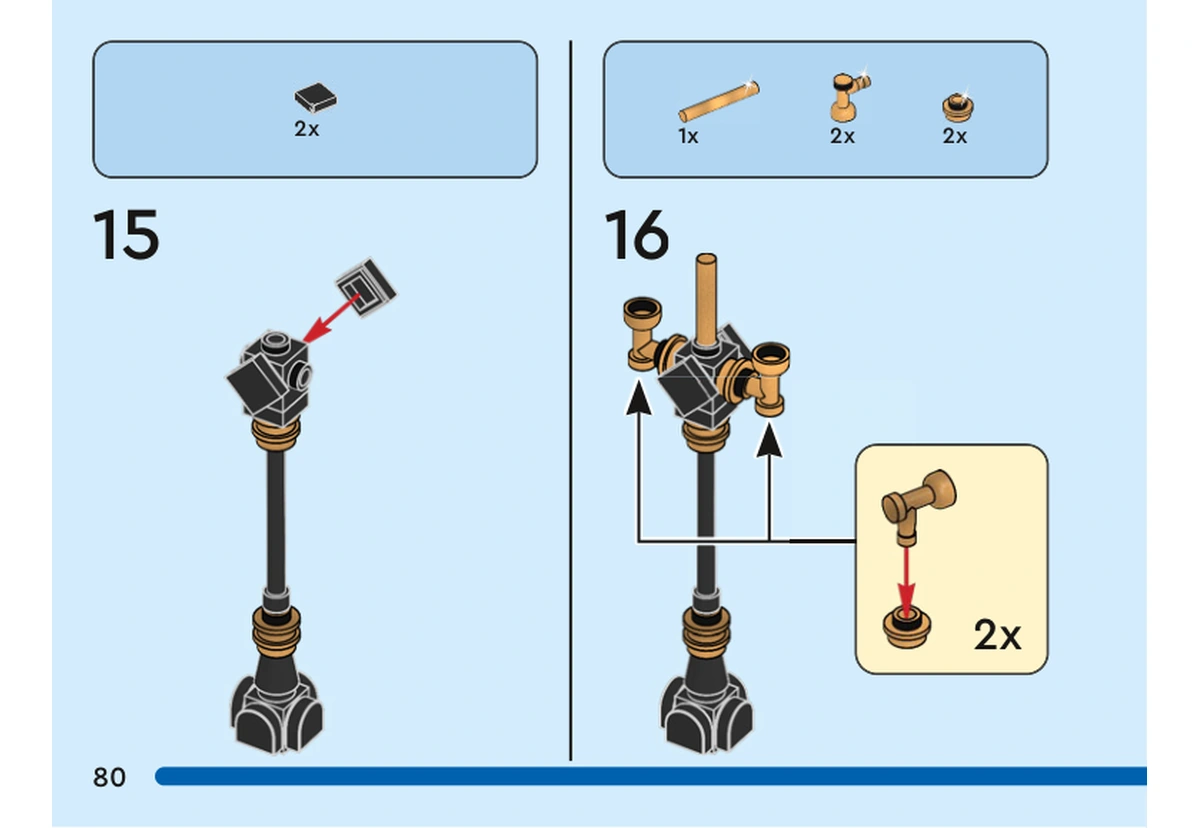 Notice officielle LEGO 40546, livret 6428252, page 80, étape 15 et 16 : Deux petites pièces noires sont ajoutées au sommet ; deux raccords dorés sont préparés et fixés de part et d’autre du lampadaire.