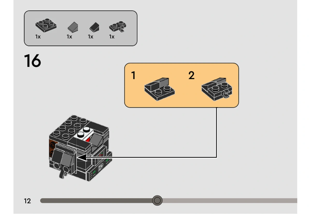 Notice officielle LEGO 40547, livret 6417835, page 12, étape 16 : Le panneau imprimé 1 × 2 rejoint le petit assemblage gris et noir au-dessus de la ceinture.
