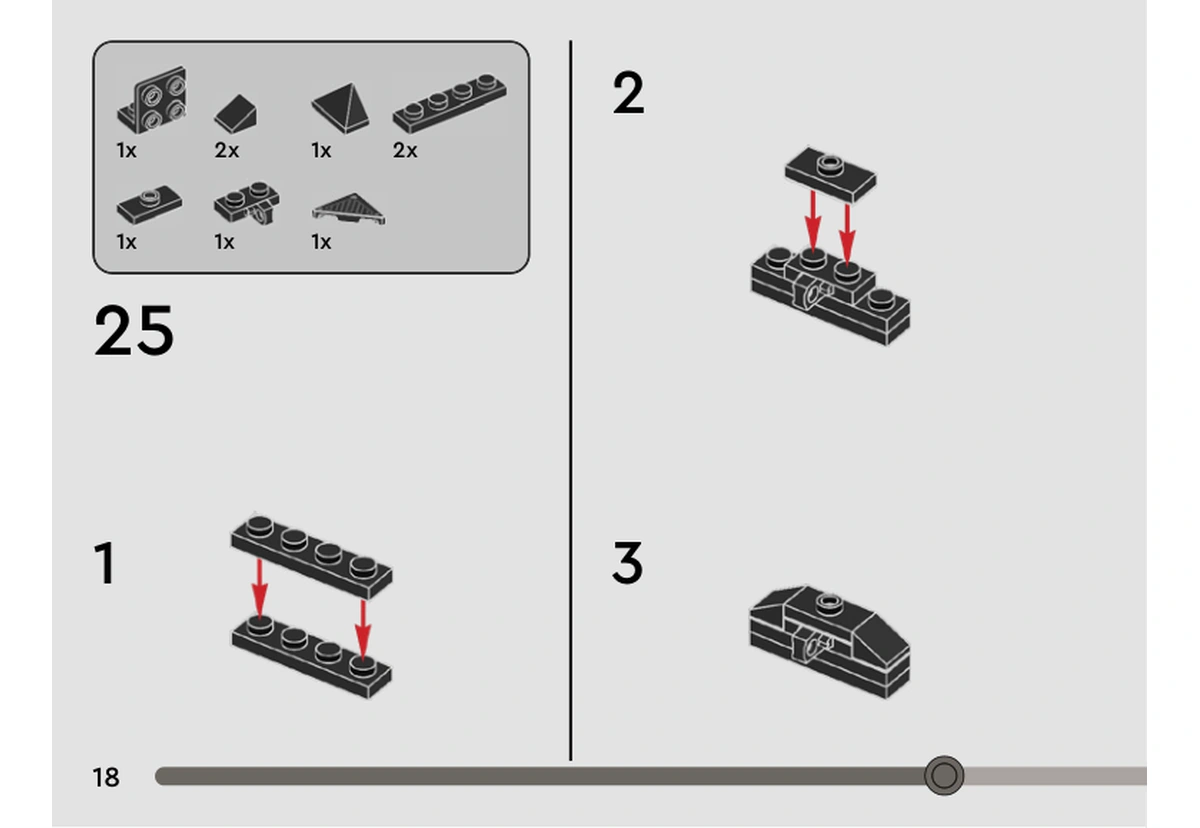 Notice officielle LEGO 40547, livret 6417835, page 18, étape 25 : Des petites plaques et pentes noires forment le front en trois sous-étapes.
