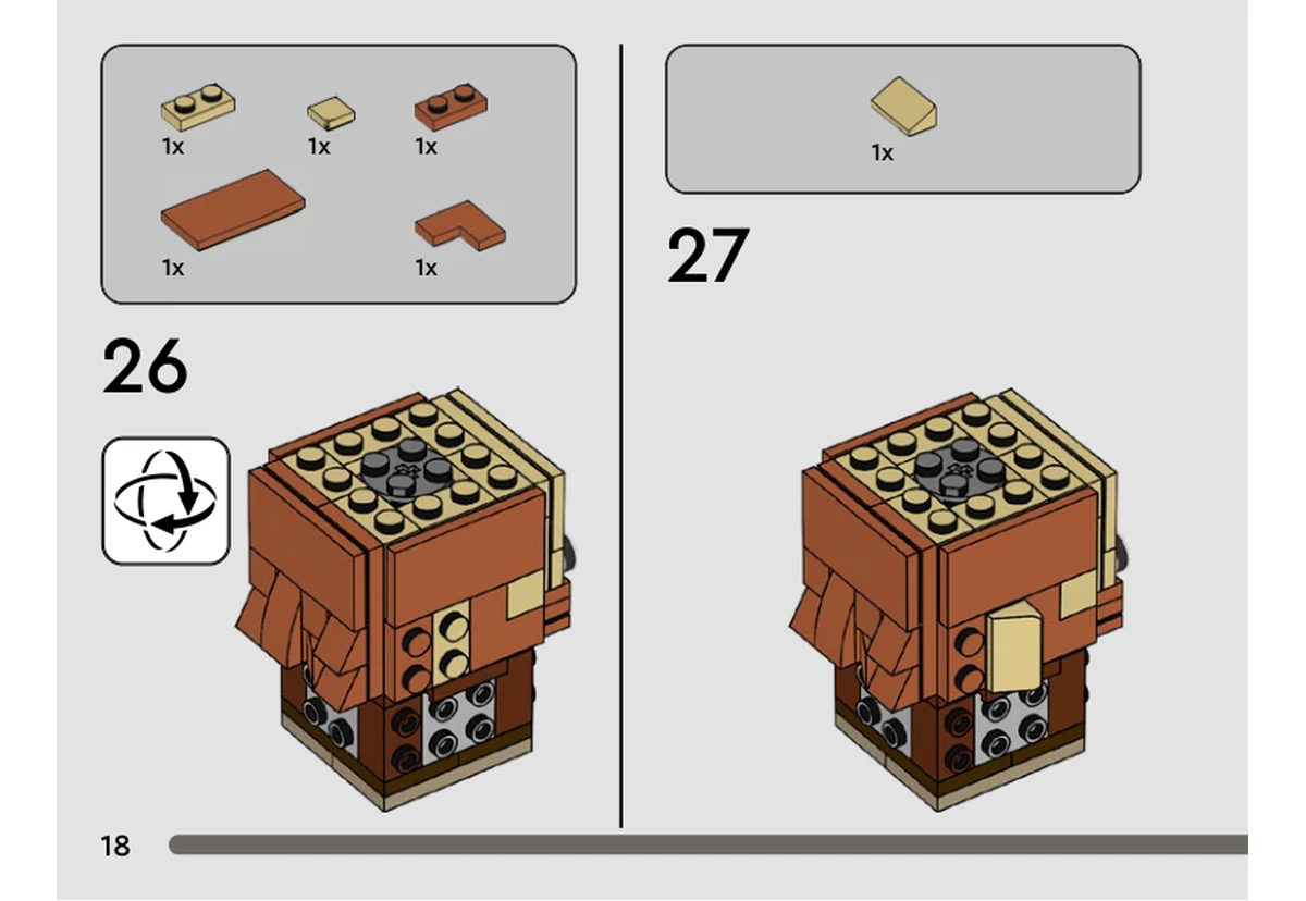 Notice officielle LEGO 40547, livret 6418120, page 18, étape 26 et 27 : Des éléments orange foncé complètent la barbe ; une grande tuile beige recouvre le front.