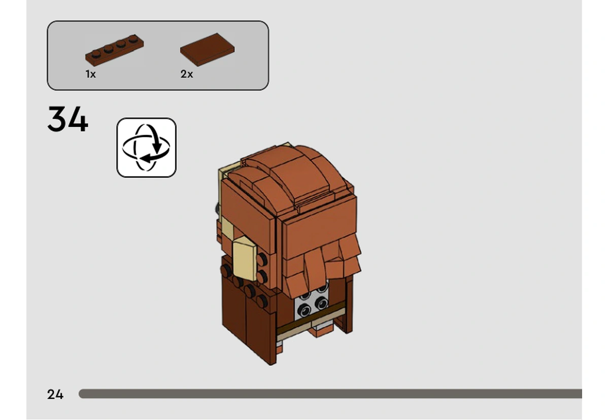 Notice officielle LEGO 40547, livret 6418120, page 24, étape 34 : Après retournement, deux pentes orange foncé complètent l’arrière de la coiffure.