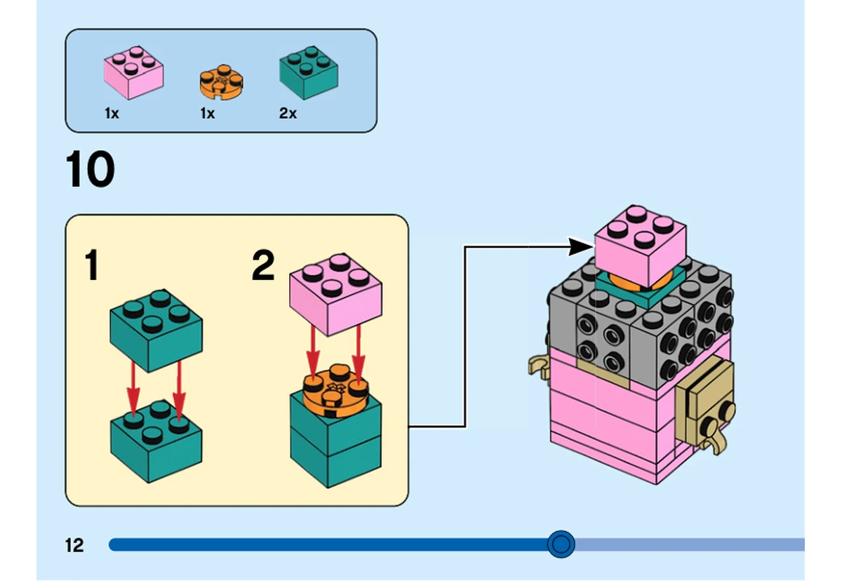 Notice officielle LEGO 40548, livret 6407179, page 12, étape 10 : Deux éléments turquoise, une brique orange et une brique rose forment le noyau interne.