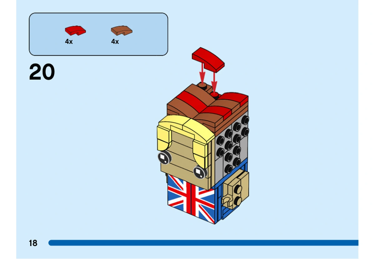 Notice officielle LEGO 40548, livret 6407181, page 18, étape 20 : Quatre pentes rouges et quatre pentes orange foncé complètent le sommet de la coiffure rousse et blonde.