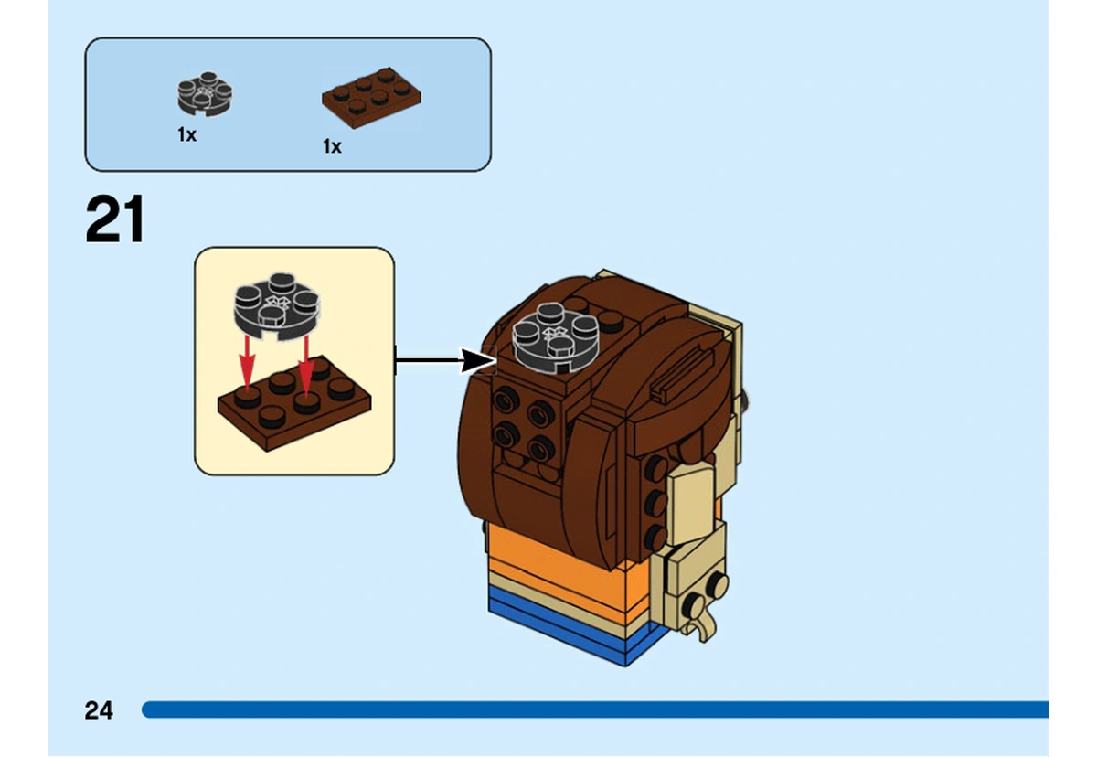 Notice officielle LEGO 40548, livret 6407189, page 24, étape 21 : Une plaque ronde grise est montée sur une plaque rectangulaire brune, puis fixée à l’arrière de la tête après retournement.