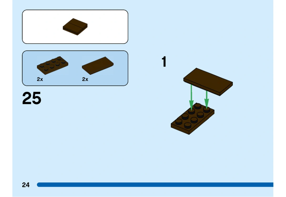 Notice officielle LEGO 40549, livret 6404246, page 24, étape 25 : Des plaques brun foncé et brun rougeâtre forment un sous-ensemble plat de chevelure.