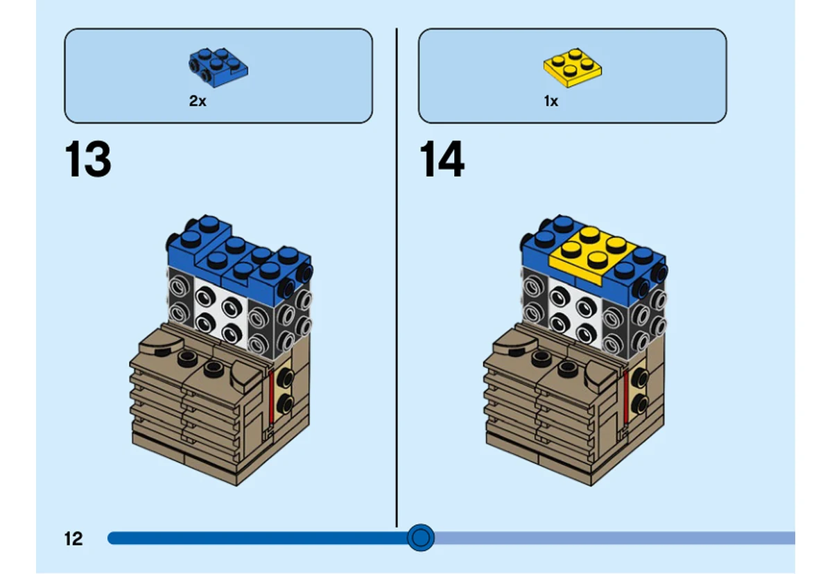 Notice officielle LEGO 40549, livret 6404250, page 12, étape 13 et 14 : Deux briques bleues puis une plaque jaune complètent l’intérieur du noyau de tête.