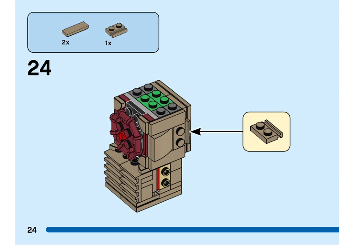 Notice officielle LEGO 40549, livret 6404250, page 24, étape 24 : Deux courbes et une plaque beige foncé forment un petit sous-ensemble ajouté sur le côté de la tête.