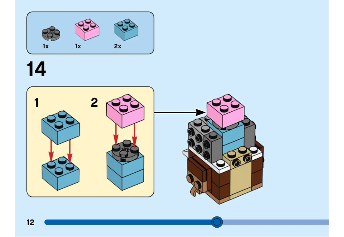 Notice officielle LEGO 40550, livret 6408235, page 12, étape 14 : Deux briques azur, une plaque ronde gris foncé et une brique rose forment le noyau interne de la tête.