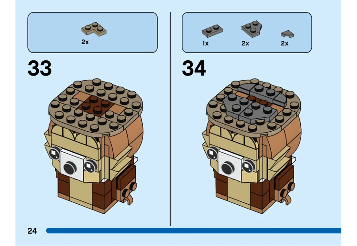 Notice officielle LEGO 40550, livret 6408235, page 24, étape 33 et 34 : Deux petites pièces beiges puis les plaques grises et brunes commencent la fixation du chapeau.
