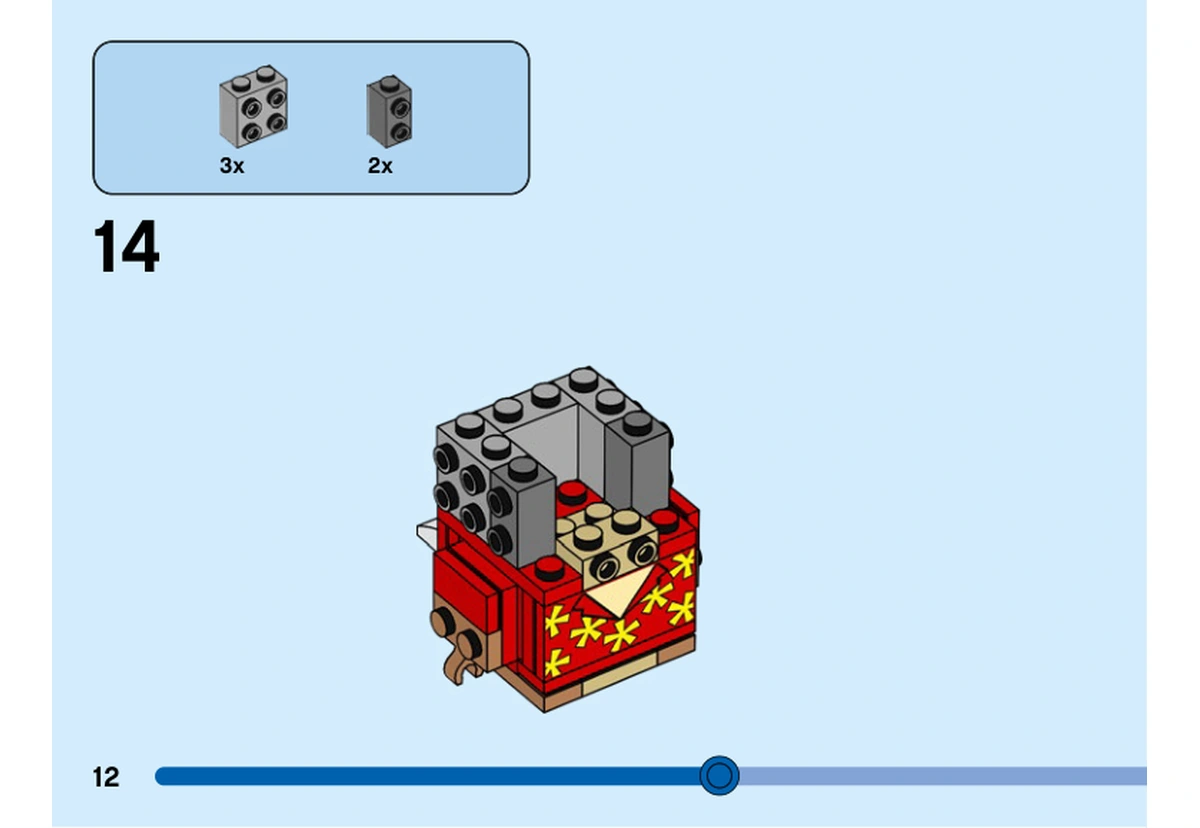 Notice officielle LEGO 40550, livret 6408239, page 12, étape 14 : Trois briques gris clair à tenons latéraux et deux petites briques gris foncé à tenons latéraux préparent les parois de la tête au-dessus de la chemise fleurie.