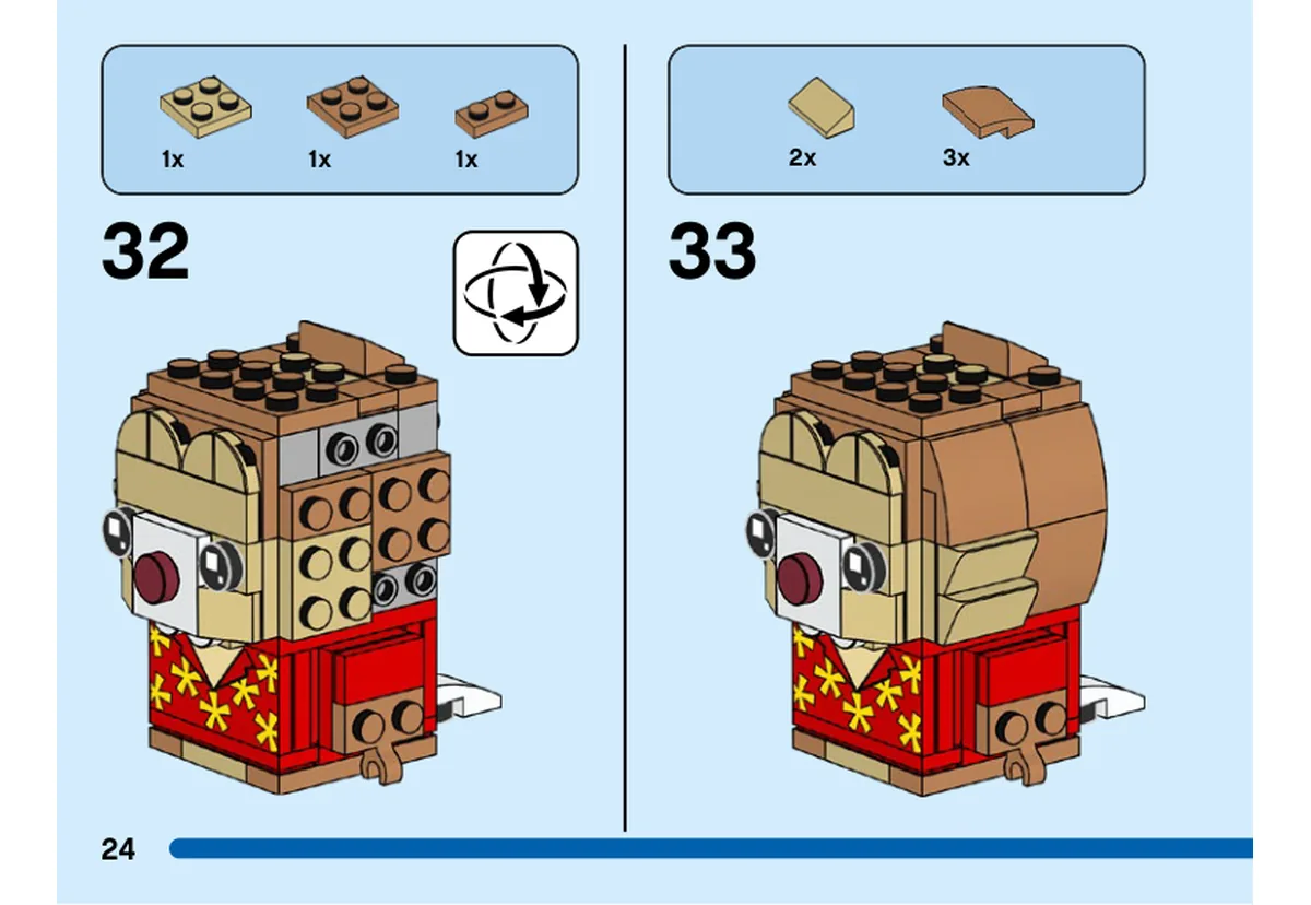 Notice officielle LEGO 40550, livret 6408239, page 24, étape 32 et 33 : Les petites pentes et plaques nougat moyen complètent le sommet et le côté de la tête après retournement.