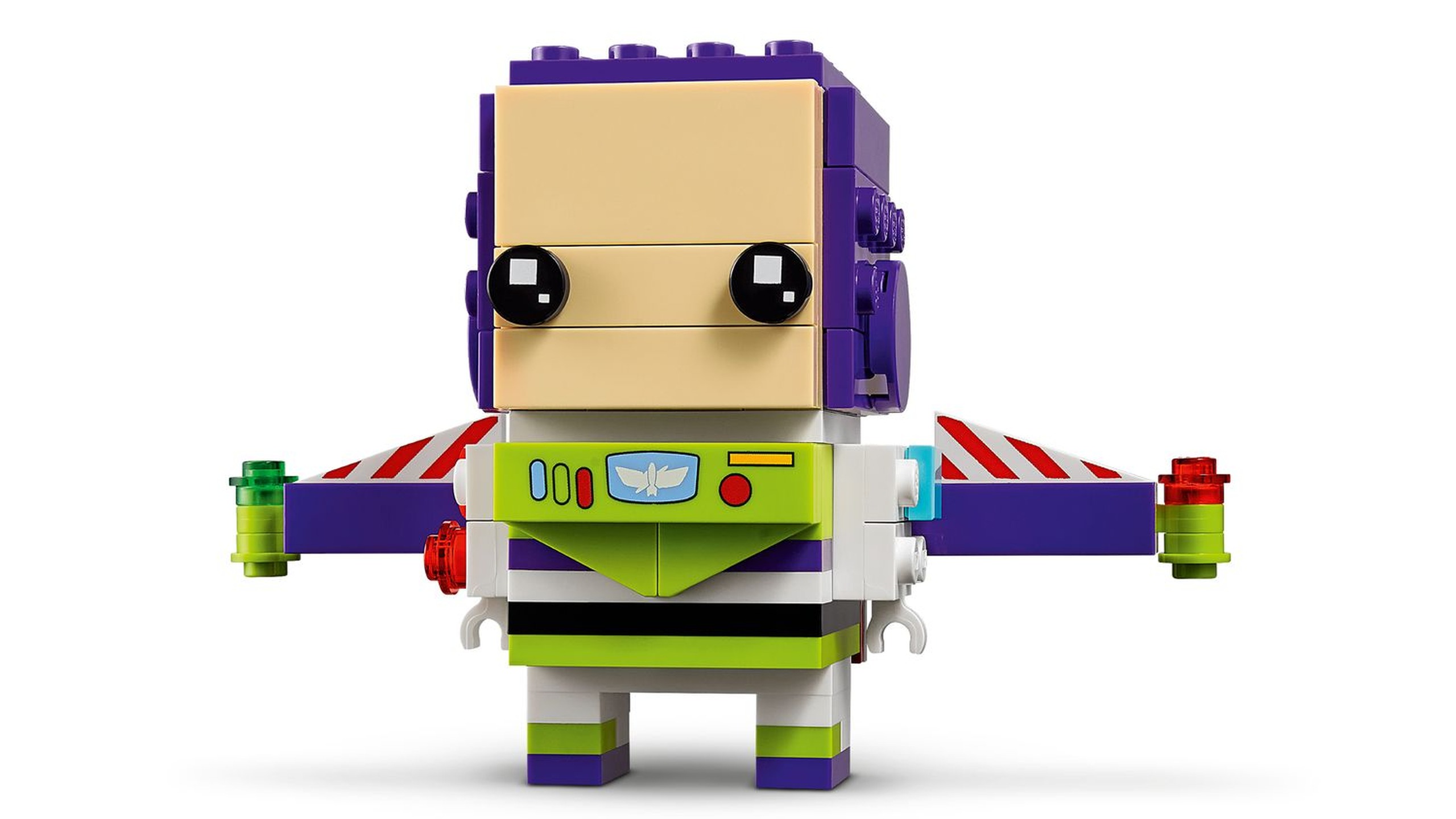 LEGO 40552 Buzz l’Éclair : Buzz l’Éclair porte une combinaison blanche, vert citron et violet foncé. Son panneau de poitrine imprimé, ses deux ailes blanches à rayures rouges et les petits feux vert et rouge permettent de reconnaître ce personnage Toy Story.