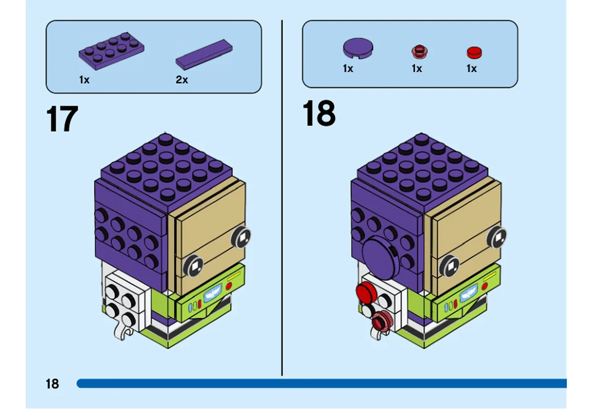 Notice officielle LEGO 40552, livret 6404229, page 18, étape 17 et 18 : Une plaque et deux tuiles violettes complètent le sommet de la tête. Une tuile ronde violette et deux éléments rouges rejoignent ensuite le côté du bras.