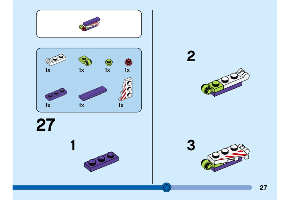 Notice officielle LEGO 40552, livret 6404229, page 27, étape 27, sous-étapes 1 à 3 : Le sous-assemblage de l’aile associe des pièces violettes, blanches et vert citron avant la pose de la plaque blanche à rayures rouges.