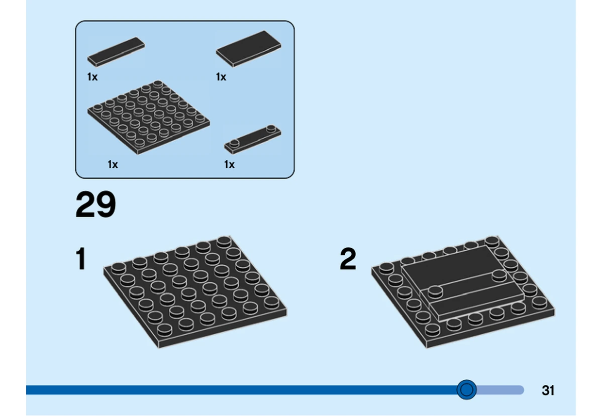 Notice officielle LEGO 40552, livret 6404229, page 31, étape 29 : Une plaque noire 6 × 6 reçoit trois tuiles noires de formats distincts : 1 × 4, 2 × 4 et 1 × 4 avec deux tenons.
