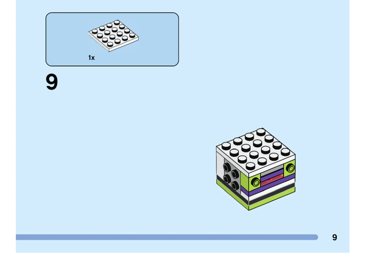 Notice officielle LEGO 40552, livret 6404229, page 9, étape 9 : Une plaque blanche 4 × 4 recouvre le haut du torse ; les tenons latéraux restent accessibles.