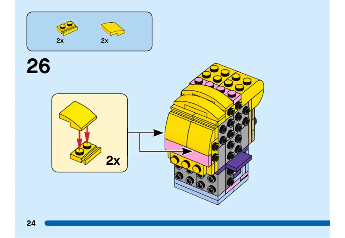Notice officielle LEGO 40553, livret 6404238, page 24, étape 26 : Deux petits assemblages de plaques et pentes jaunes se fixent sur la tête encore ouverte de La Bergère ; le noyau rose reste visible.