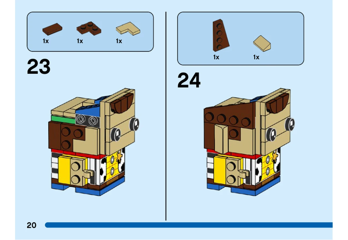 Notice officielle LEGO 40553, livret 6414475, page 20, étape 23 et 24 : Des pièces marron et beiges couvrent successivement le côté et l’arrière de la tête de Woody.