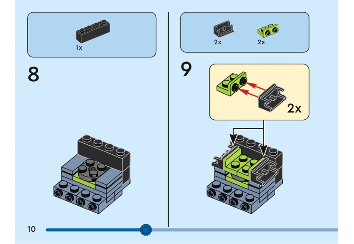 Notice officielle LEGO 40554, livret 6437091, page 10, étape 8 et 9 : Une brique noire puis deux petits assemblages de supports noirs et vert citron complètent le haut du corps humain.